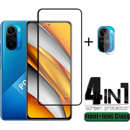 4-in-1 For Poco F3 Glass For Xiaomi Poco F3 Tempered Glass Full Cover Glue HD Protective Screen Protector For Poco F3 Lens Glass