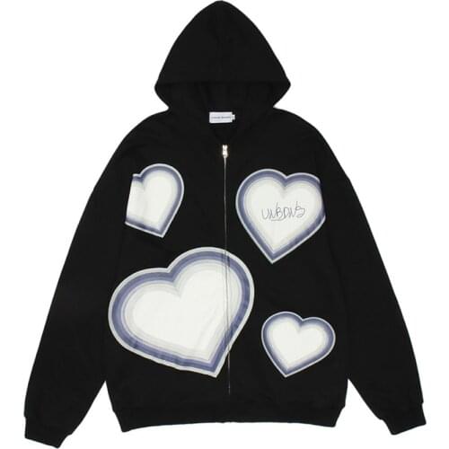 Zip-up hoodie y2k women hip-hop streetwear heart-shaped print loose punk E-girl kawaii sweatshirt winter Harajuku zipper outwear