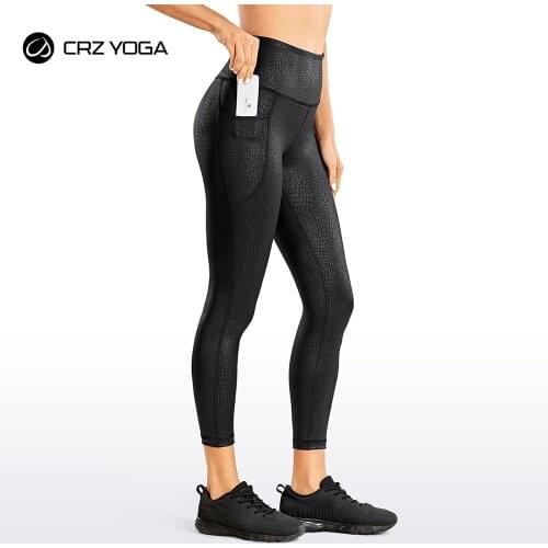 CRZ YOGA Womens Coated Faux Leather Legging High Waist Pants Workout Tights with Pockets -25 Inches