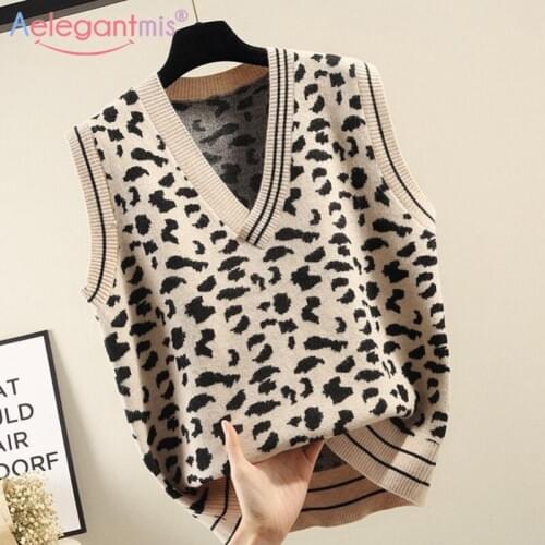Aelegantmis 4 Color Leopard Knitted Sweater Vest Women Casual Loose Sleeveless Waistcoats Female Preppy Knitwear Korean 2021 New