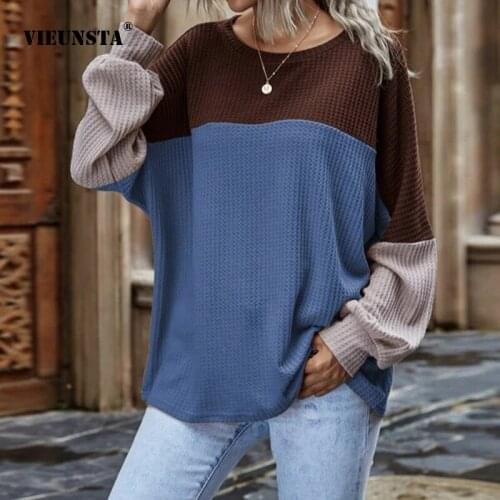 Women Autumn Winter Pullover Elegant Splicing Long Sleeve Sweater Casual Loose Shirt Vintage O-Neck Sweatshirt Street Style 2021