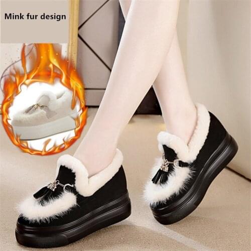 Winter Mink Plush Womens Shoes Genuine Leather Platform Fashion 2019 New Wool Shoe Mouth Design Warm Casual White Cotton Shoes