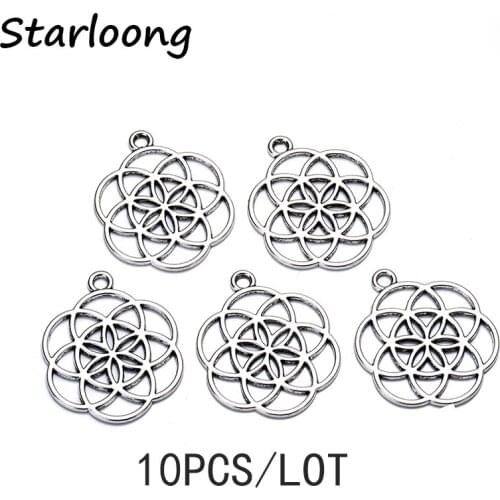 10pcs/lot new antique vintage silver plated zinc alloy circle flower charm pendants DIY Jewelry making for bracelet necklace