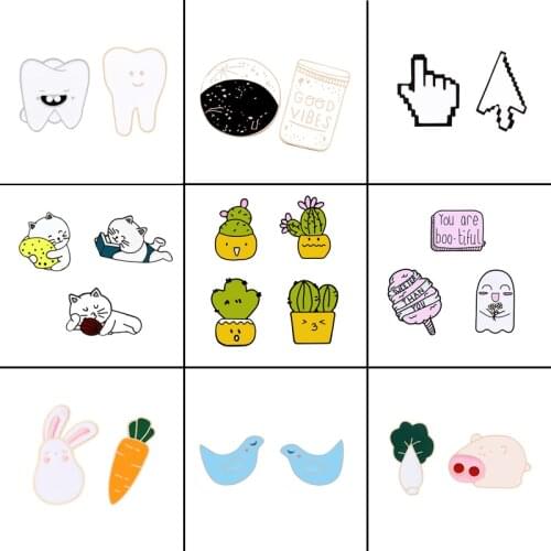 2-4pcs/set kawaii animal badge button brooch pins cat pig rabbit Cactus flower denim shirt jackets brooches best friend jewelyry