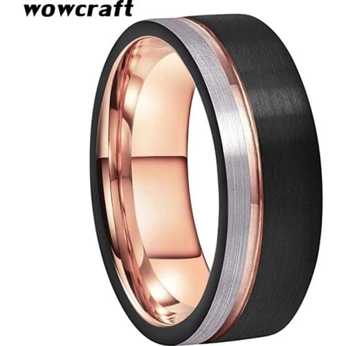 8mm Tungsten Mens Rings Black and Rose Gold Wedding Engagement Band Brushed Finish Fashion Jewelry Grooved Ring Sizes 5 to 15