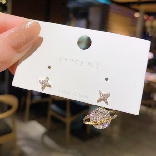 Asymmetric Planet Star Zircon Female Earring One Pair Two Wearing Style Simple Temperamental All-Match High-Grade Earrings