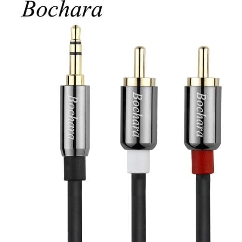 Bochara 3.5mm Stereo Jack Male to 2RCA Male OFC Audio Cable Metal+Foil Shielded For Speakers Amplifier 30cm