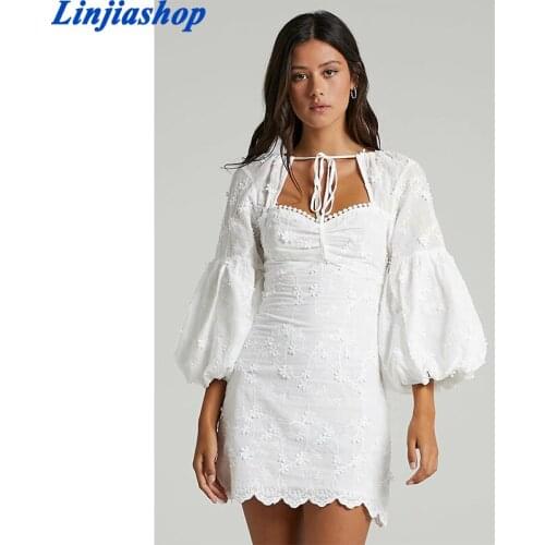 White Lace Embriodery Dress Vintage Lantern Sleeve Floral Short Dress Women Summer Spring Party Dress Backless Dress