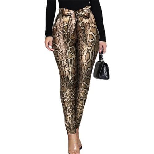 Women Snake Print High Waist Bandage Stretch Pencil Slim Pants Elegant Ladies Pu Leather Trousers Ladies Casual Streetwear