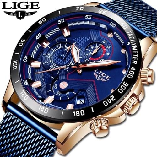 2021 New LIGE Blue Casual Mesh Belt Fashion Quartz Gold Watch Mens Watches Top Brand Luxury Waterproof Clock Relogio Masculino