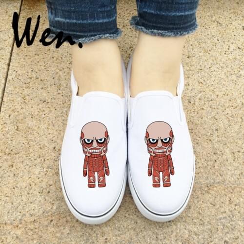 Wen Mens Womens Slip On Shoes Design Anime Attack on Titan Canvas Sneakers Flat Plimsolls White Black 2 Colors JHPT 08