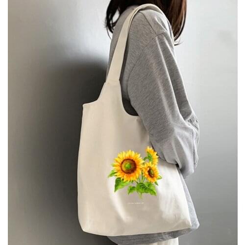 Canvas Bags Tote for Women Ulzzang Cartoon White Eco Cloth Shoulder Bag Kpop Vintage Shopping Bags Female Party Handbag Reusable