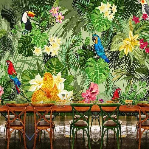 Custom Green Trapical Rain Forest 5D Papel Murals Parrot Birds 3d Wall Murals Photo Wallpaper Flower Murals 3d papel pareder