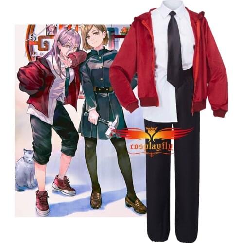 Anime Chainsaw Man Power Cosplay Costume Adult Women Outfits Red Jacket Hoodies Pants Devil Horn Hair Band Bow-Tie Halloween
