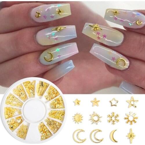 1 Box Moon Star Nail Metal Rivets Studs Gold Mixed Shell Heart-shape 3D Nail Art Decorations Jewelry Manicure Tips Accessories