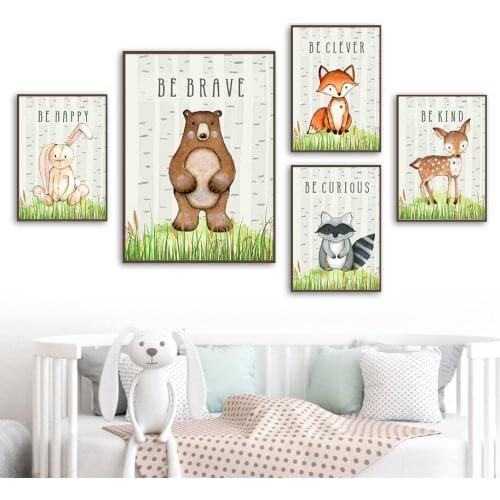Cute Bear Rabbit Fox Deer Raccoon Owl Baby Room Wall Art Canvas Painting Nordic Posters And Prints Wall Pictures Kids Room Decor