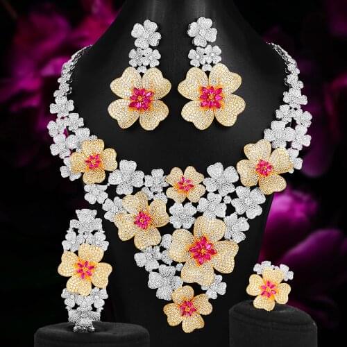 Missvikki Dubai Luxury Refined Shiny Flowers Big Necklace Bangle Earrings Open Ring Jewelry Set Women Bridal Wedding Jewelry