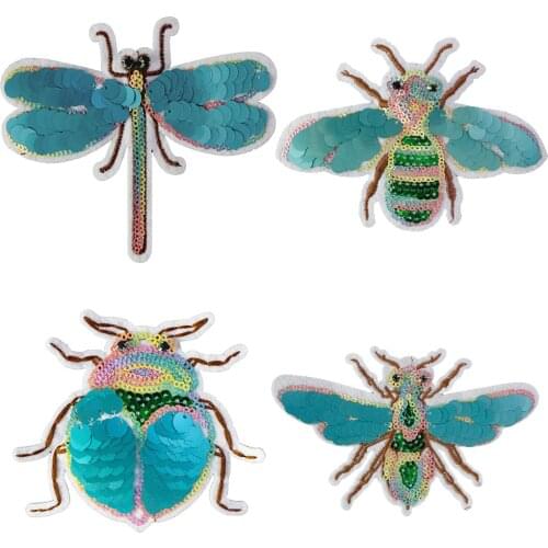 Sequins Patches Insects Dragonfly Bee Applique Sewing on DIY T-shirt Bag Jacket Decorative Badge Apparel Accessories 4pcs