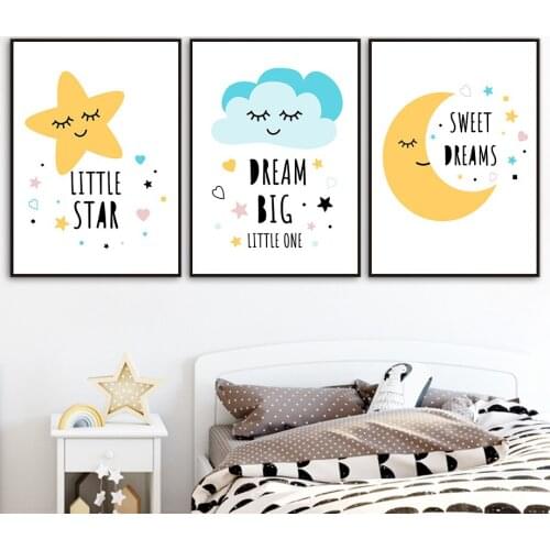 Star Cloud Moon Sleep Wall Art Poster Big Sweet Deams Little Star Art Print Quotes Canvas Painting Abstract Kids Baby Room Decor