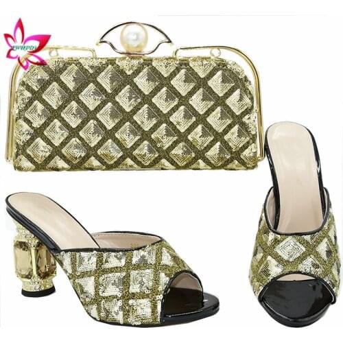 Latest High Quality Shoes and Bag Set in Golden Color Decorate with Rhinestone African Women Shoes Matching Bag for Wedding