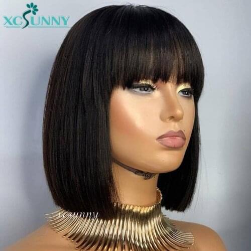Bob Human Hair Wigs With Bangs Full Machine Made Wig With O Scalp Top Remy Brazilian Straight Short Wig For Black Women Xcsunny