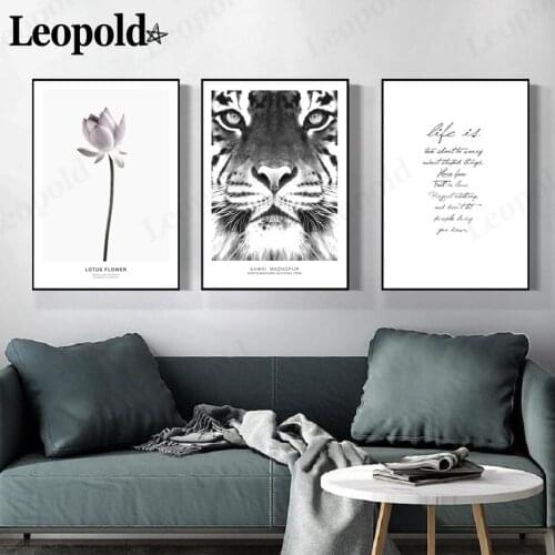 Nordic Black and White Canvas Poster Lotus Tiger Letter Painting Picture Print Wall Art Modern Aesthetic Living Room Home Decor