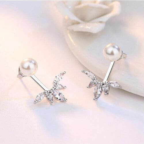 925 Sterling Silver Delicate Front Back Double Sided Leaves Stud Earrings Zircon Jewelry For Women Wedding S-E263