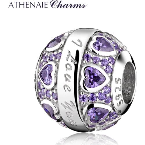 ATHENAIE 925 Sterling Silver Purple CZ Charm I Love You Hearts Charms For Original Bracelets Valentines DIY Women Beads Jewelry