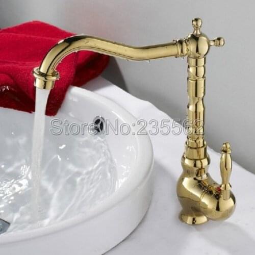 Deck Mount Bathroom Kitchen Faucet Single Handle 360 Rotate Basin Sink Mixer Taps Gold Hot and Cold Water Mixers Lgf014