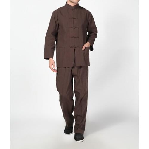 Pure Cotton Traditional Chinese Tang Suit Long Sleeve Set Kung Fu Clothes Uniform Shirt Coat Pants for Men