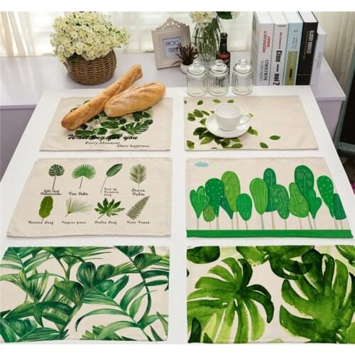 1Pcs Green Leaf Plant Pattern Kitchen Placemat Coaster Dining Table Mats Cotton Linen Pad Bowl Cup Mat 42*32cm Home Decor MP0001