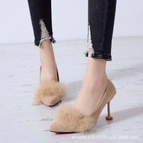 Single shoes female spring and autumn new suede pointed shallow mouth stiletto heels fashion womens shoes womens wool shoes