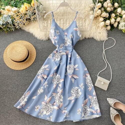 Boho V Neck 2021 Floral Print Slim Sexy Spaghetti Strap Midi Long Summer Casual Party Women A-Line Beach Holiday Dress