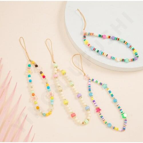 Colorful Acrylic Heart Beads Chain Mobile Phone Chain Soft Ceramic Anti-lost Handmade Acrylic Cord Lanyard Accessories for Women