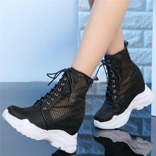 Summer Creepers Women Lace Up Hollow Mesh Wedges High Heel Ankle Boots Female High Top Round Toe Fashion Sneakers Casual Shoes