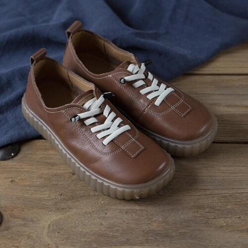 2021 Designer Shoes Soft Lace Up Genuine Leather Flats For Women Handmade Brown