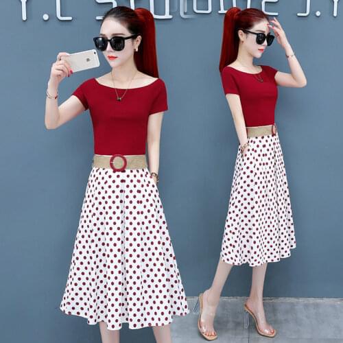 Womens Summer Dress Two Piece Set 2021 Round Neck Shoulder Short Sleeve T-shirt Polka Dot Printing Midi Skirt Temperament Woman