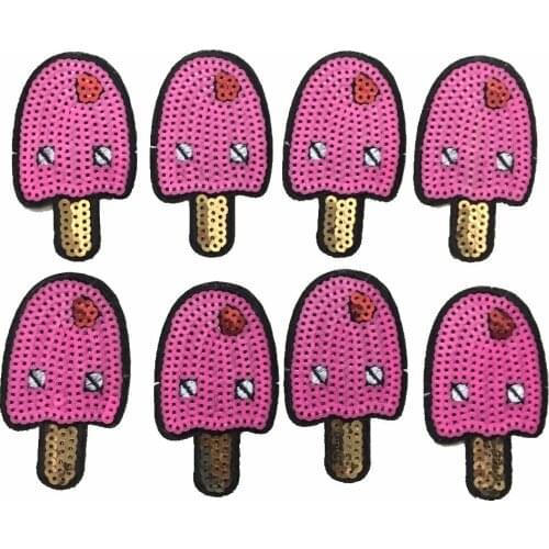 10 Pieces/lot New Arrival Pink Ice Cream Patches Iron on Sequined Patches DIY Sewing Accessory Cartoon Popsicle Applique Sticker