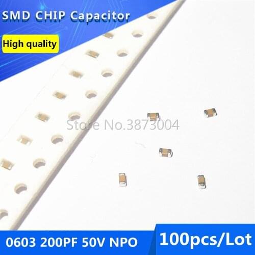 100pcs 0603 200PF 50V NPO 5% SMD Chip Capacitor