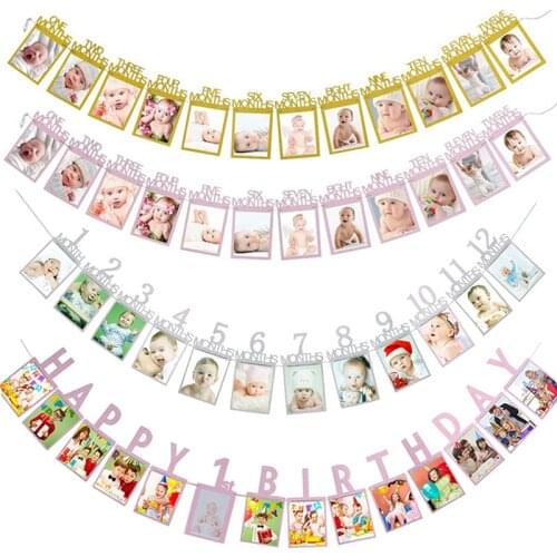 12 Months Photo Frame Banner First Happy Birthday Party Decoration Kids 1st Baby Boy Girl One Year Birthday Supplies Baby Shower