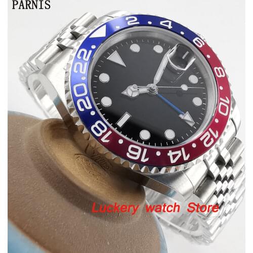 40mm Parnis Blue and red Bezel black dial blue GMT hands luminous marks sapphire glass automatic Mens Watch-PA66