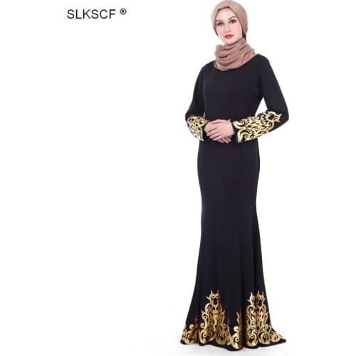 [SLKSCF] Black Long Sleeve Dress Kaftan Palace Style Muslim Women Abaya Dress Islamic Clothing Gold Stamping Dubai Abaya