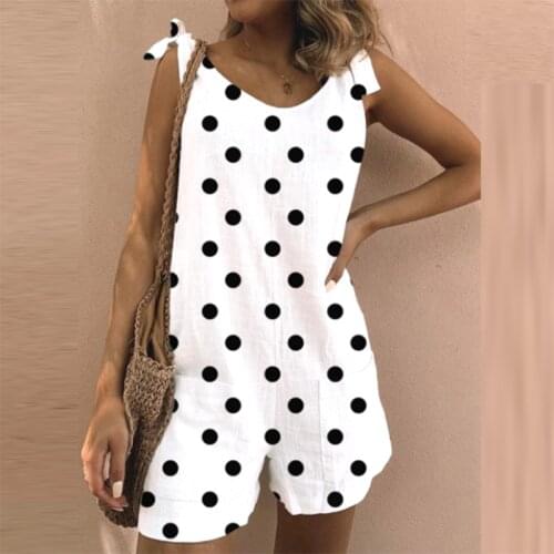 2021 Summer V Neck Short Sleeve Jumpsuit Romper Women Spring Leaf Polka Dot Print Strappy Bodysuit Casual Loose Shorts Overalls