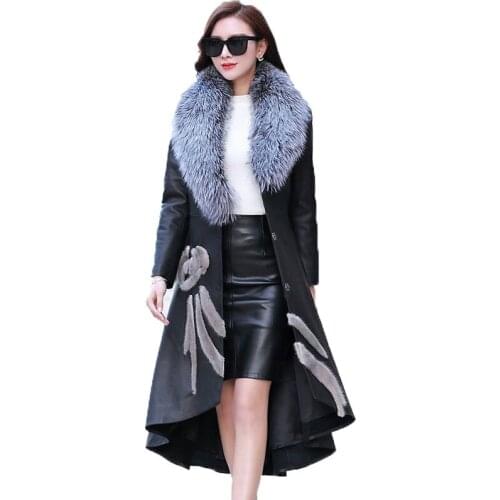 Womens Leather Jacket for Winter New High quality Elegant Slim Big Fur Collar Long Leather Coat Female Outerwear