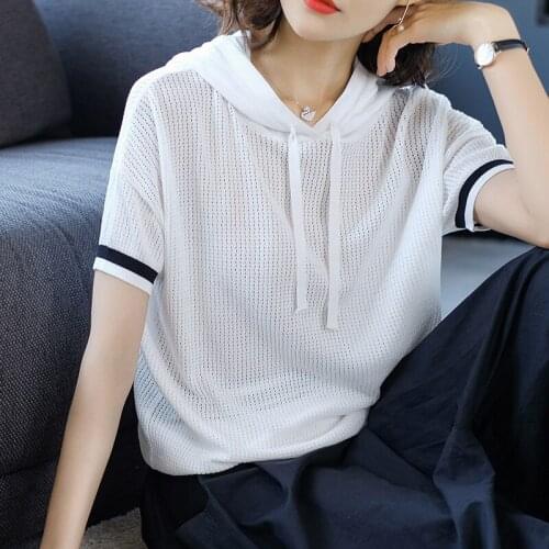 Summer Short Sleeve T-shirt Womens Casual Hooded Loose Striped Knitted Bottoming Top Female Fashion Hollow Breathable Tee H9333