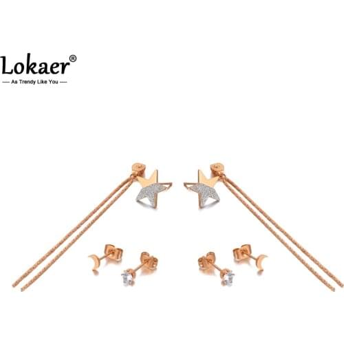 Lokaer Trendy Titanium Stainless Steel Star Monn Rhinestone Earrings Jewelry 3Pair/Set Crystal Earrings For Women Girls E20206