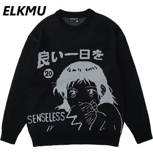 ELKMU Mens Sweaters Pullovers Streetwear Japanese Cartoon Girl Knitted Loose Streetwear Casual Knitwear Jumper Sweater HM564