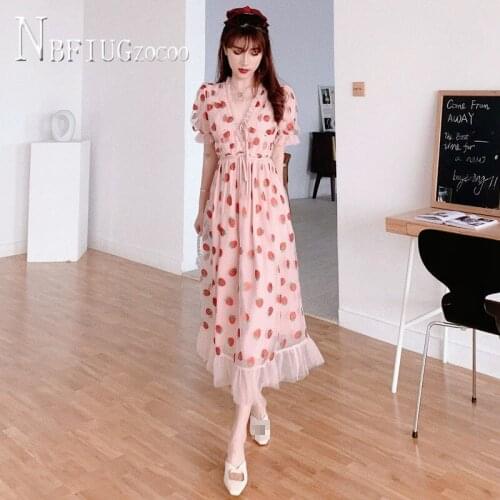 2020 Summer New Net Yarn Women Dress Strawberry Ruffles Puff Sleeve Vacation Female Dresses
