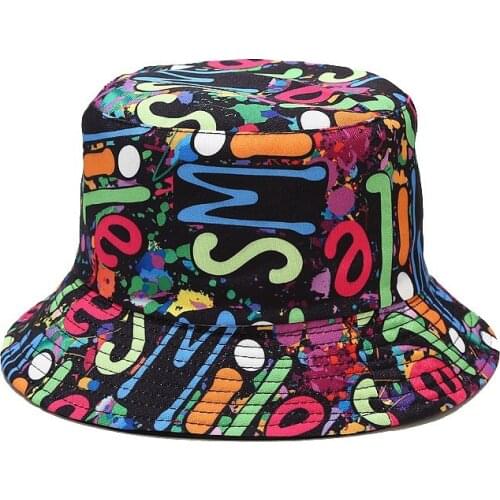 New Graffiti Printing Womens Panama Cap Reversible Bucket Hat Foldable Mens Summer Sunscreen Outdoor Fishermen Hat
