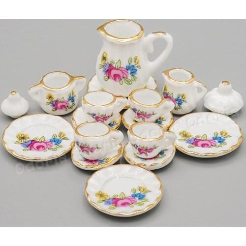 Odoria 1:12 Miniature 15PCS Tea Cup Set Pink Rose Golden Trim Porcelain Tableware Kit Teapot Kitchen Dollhouse Accessories Decor